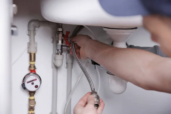 Plumber Repairing Sink Pipes Kitchen Closeup — Stock Photo, Image