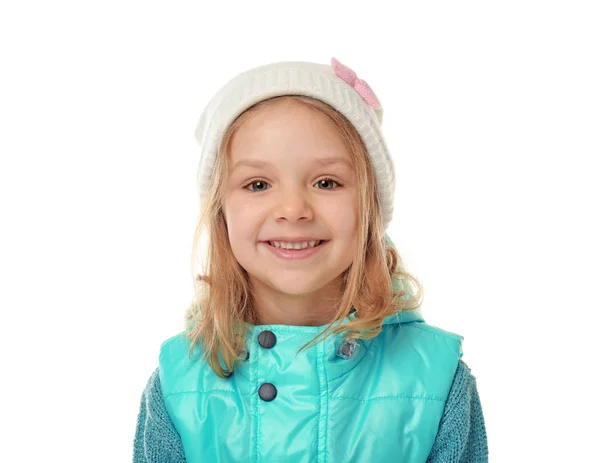 Cute little girl in warm clothes on white background — Stock Photo, Image