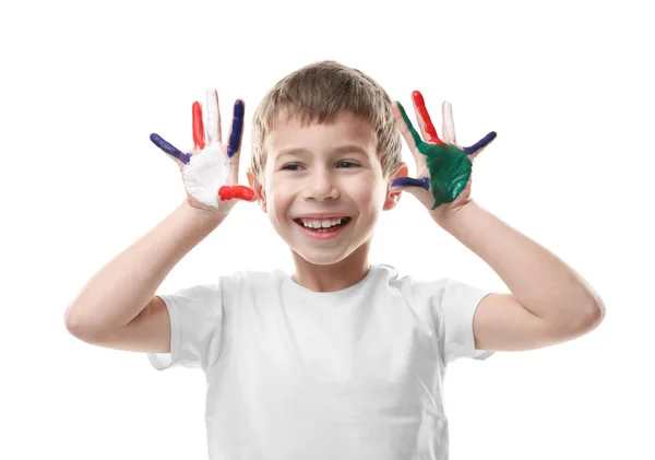 Liten Pojke Med Händer Färgglada Färger Isolerad Vit — Stockfoto
