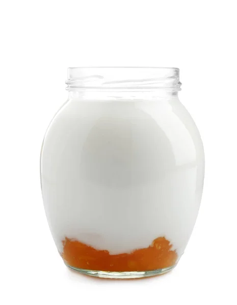 Glass jar with tasty yogurt — Stock Photo, Image