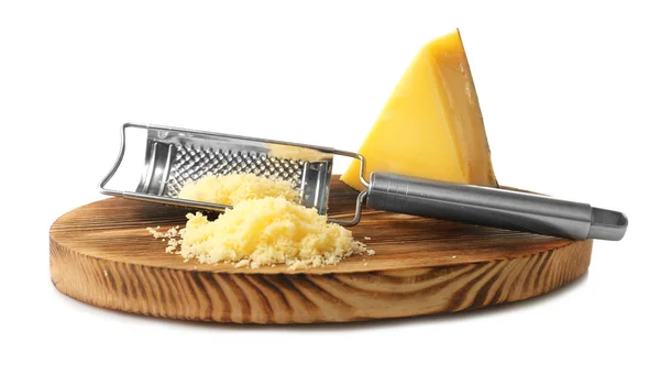 Board with metal grater and cheese — Stock Photo, Image