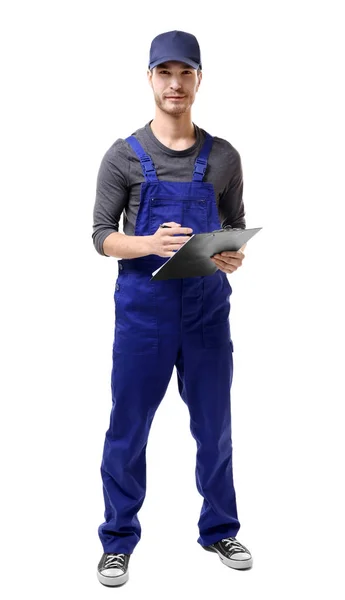 Loodgieter in uniforme bedrijf Klembord — Stockfoto