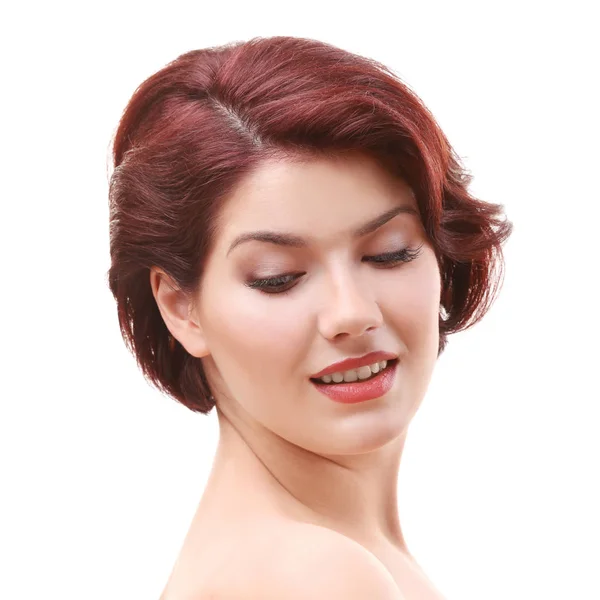 Portrait Jeune Femme Avec Une Belle Coupe Cheveux Sur Fond — Photo