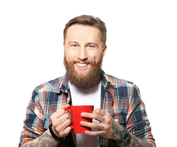 Handsome Man Red Cup Tea White Background — Stock Photo, Image