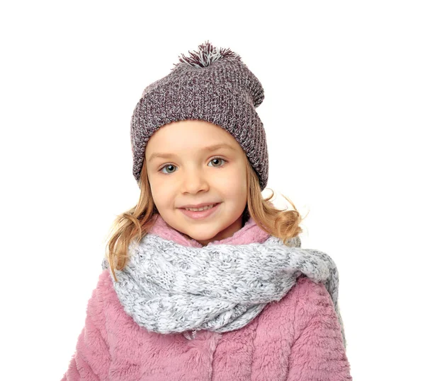 Cute little girl in warm clothes on white background — Stock Photo, Image