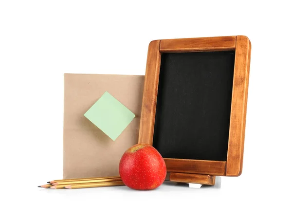 Blackboard with lunch bag and apple — Stock Photo, Image