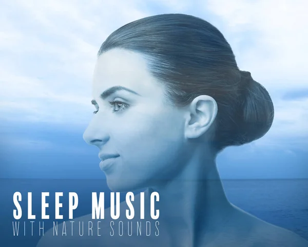 Concept Music Sleep Meditation Double Exposure Young Woman Seascape Background — Stock Photo, Image