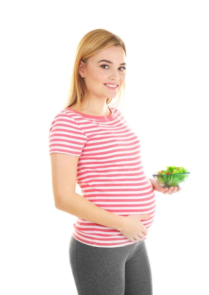 Wanita hamil memegang mangkuk dengan salad — Stok Foto