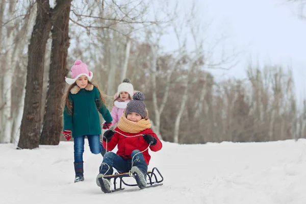 Glückliche Kinder haben Spaß und Rodeln auf Schnee — Stockfoto