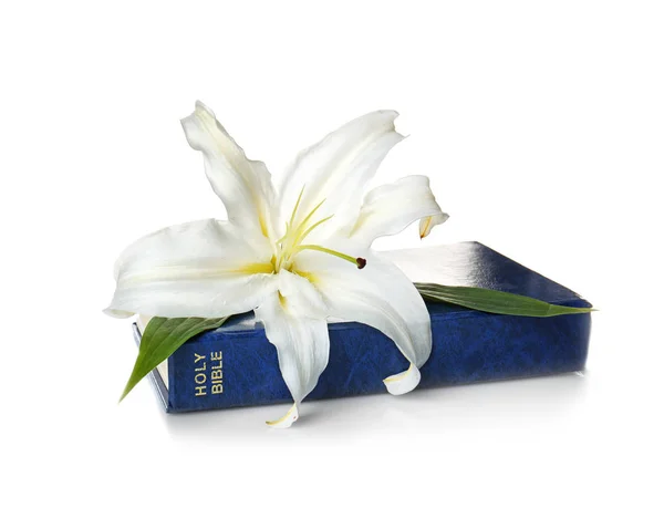 Holy Bible and Easter white lily — Stock Photo, Image