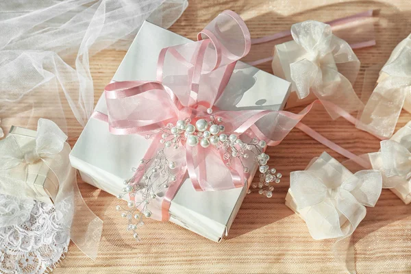 Beautiful gift boxes with bows — Stock Photo, Image