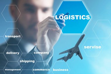 Lojistik ve toptan kavramı. Sanal ekran ile çalışan adam