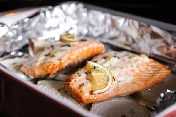 baking dish with salmon fillet