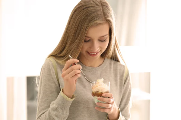 woman with ice cream dessert