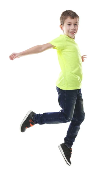 Portrait Jumping Little Boy Isolated White — Stock Photo, Image