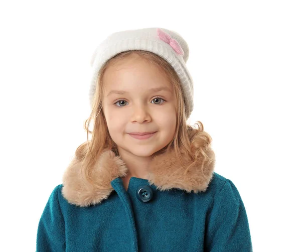 Cute little girl in warm clothes on white background — Stock Photo, Image