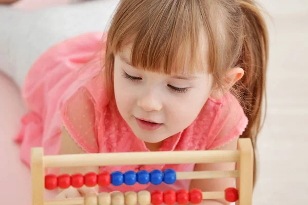 Cute Little Girl Abacus Home Closeup — Stock Photo, Image