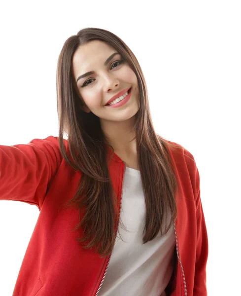 Beautiful young woman taking selfie — Stock Photo, Image