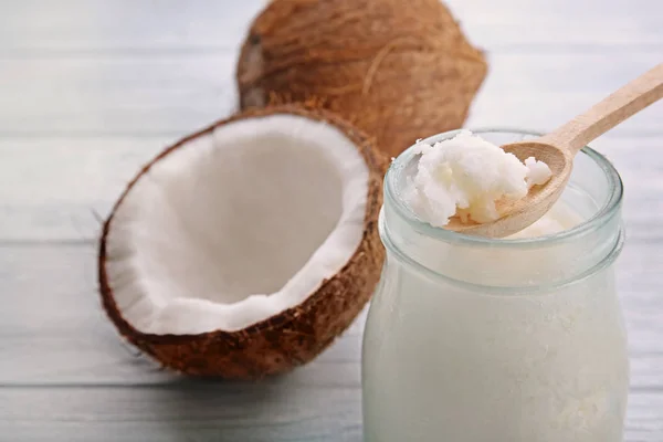 Spoon with fresh coconut oil — Stock Photo, Image