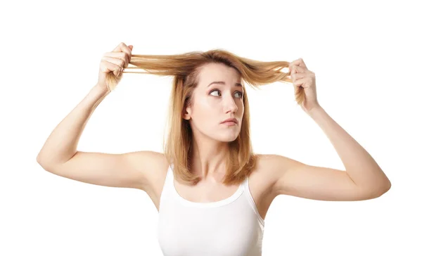 Mujer Joven Con Problemas Pérdida Cabello Sobre Fondo Blanco — Foto de Stock