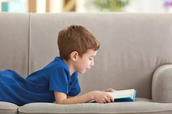 Μικρό Αγόρι Διαβάζοντας Βιβλίο Στον Καναπέ Εσωτερικούς Χώρους — Φωτογραφία Αρχείου