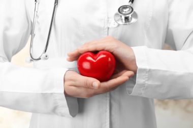 erkek doktor holding kırmızı kalp 