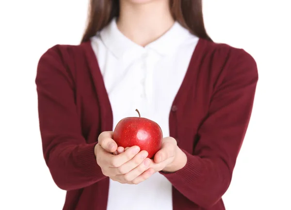 Linda colegiala con manzana —  Fotos de Stock