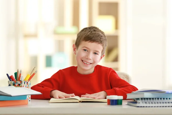 Schoolboy Doing Homework Table Room — Stock Photo, Image