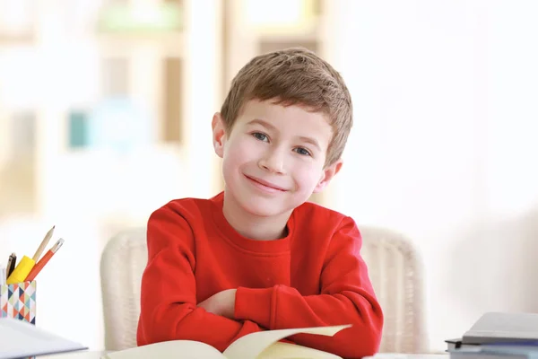 Schoolboy Doing Homework Table Room — Stock Photo, Image