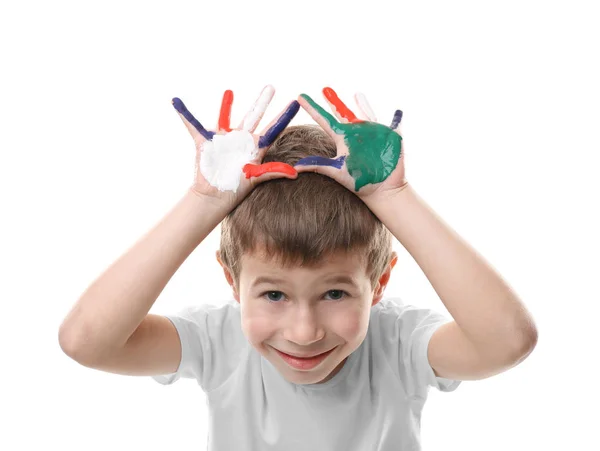 Jongetje Met Handen Kleurrijke Verf Geïsoleerd Wit — Stockfoto