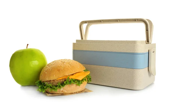 Обідня коробка, гамбургер та яблуко — стокове фото