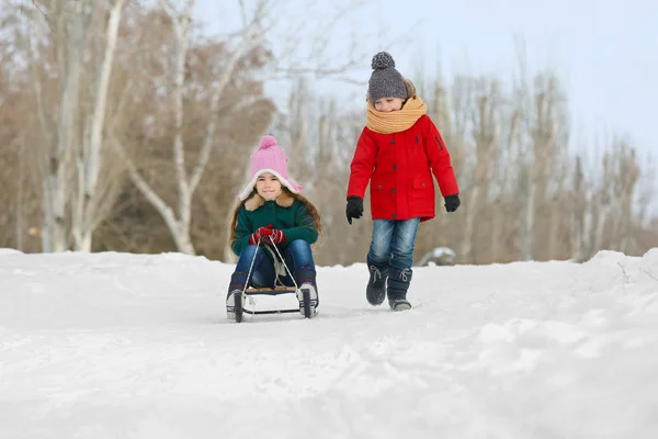 Szczęśliwe dzieci, zabawy i tor saneczkowy na śniegu — Zdjęcie stockowe