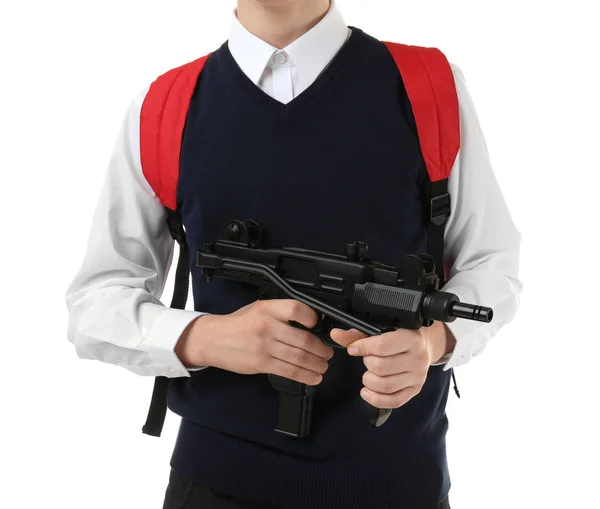 Schoolboy segurando metralhadora — Fotografia de Stock
