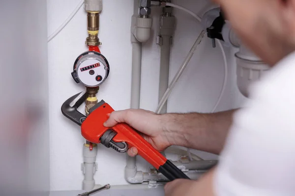 Plumber Repairing Sink Pipes Kitchen Closeup — Stock Photo, Image