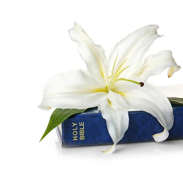 Heilige Bibel und weiße Osterlilie — Stockfoto