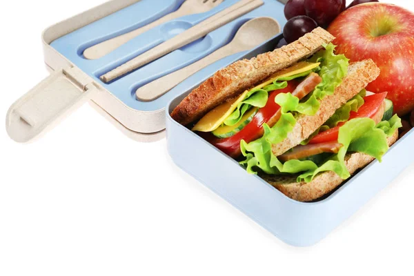 Lunchbox mit leckerem Essen auf weißem Hintergrund — Stockfoto