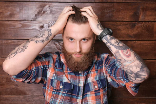 Bearded Man Posing Wooden Background — Stock Photo, Image