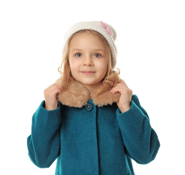 Cute little girl in warm clothes on white background — Stock Photo, Image