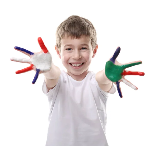 Liten Pojke Med Händer Färgglada Färger Isolerad Vit — Stockfoto