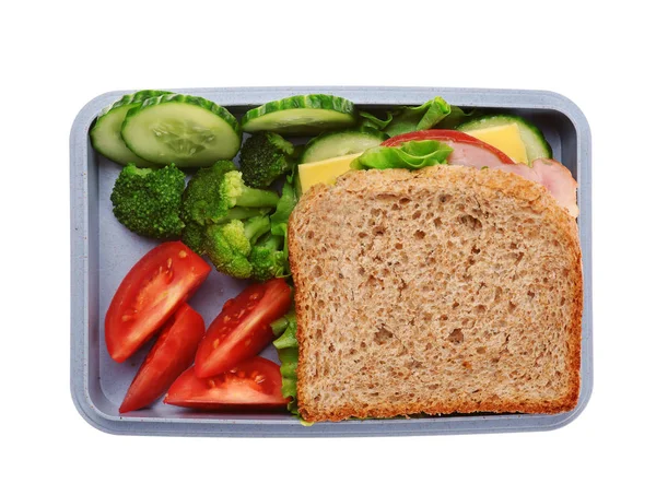 Scatola pranzo con delizioso cibo su sfondo bianco — Foto Stock