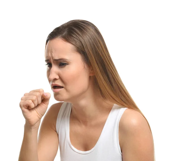 Mladá žena s alergií na bílém pozadí — Stock fotografie