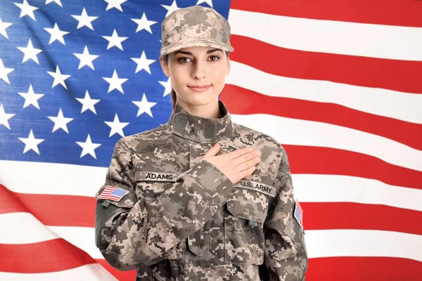 Female Soldier Usa Flag Background — Stock Photo, Image