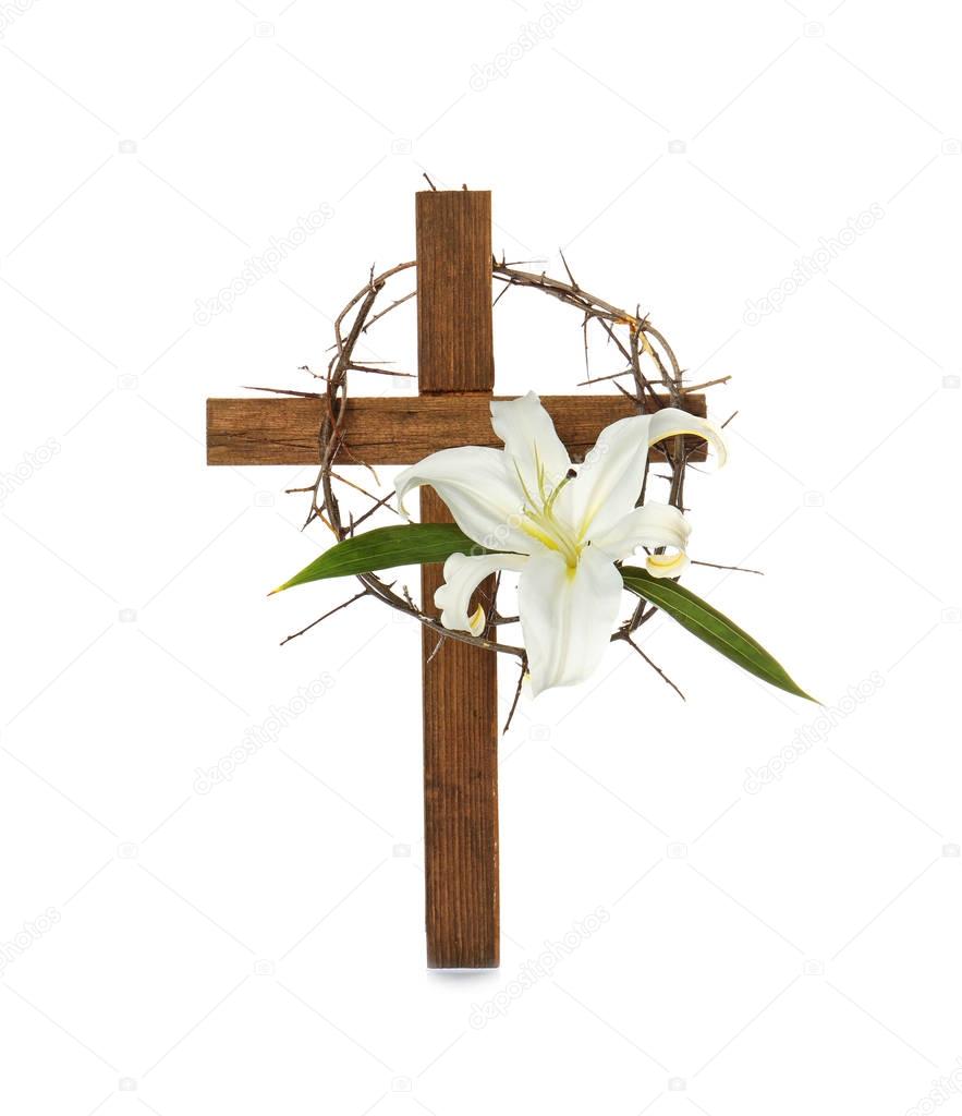 Cross, crown of thorns and white lily