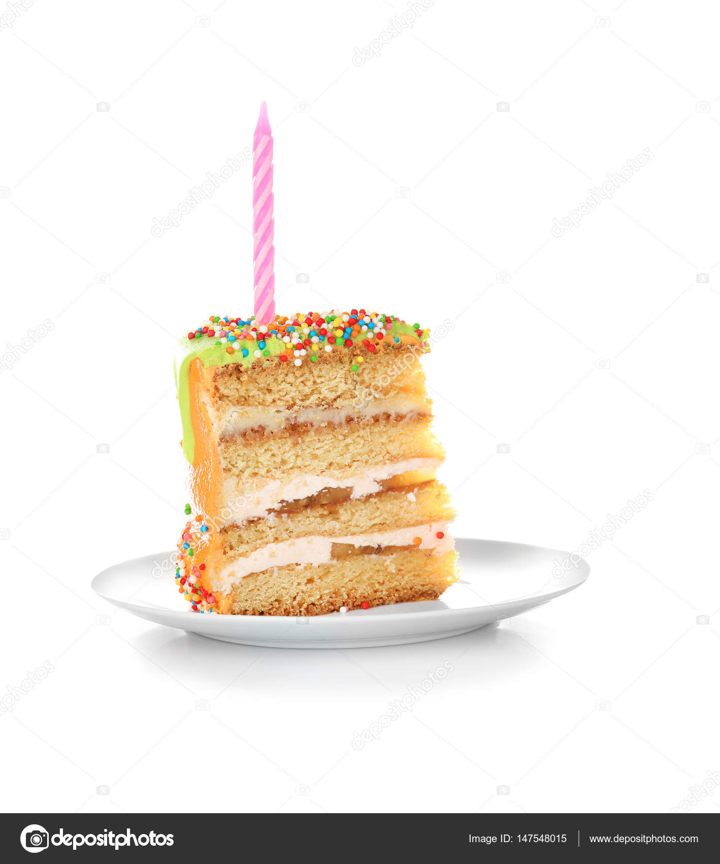 Slice of birthday cake with candle on white background — Stock Photo ...