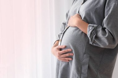 Evde pencere duran güzel hamile kadın