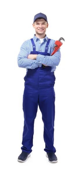 Plumber holding pipe wrench — Stock Photo, Image