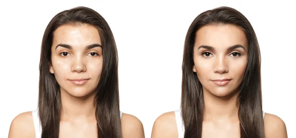 Young woman before and after makeup application on white background — Stock Photo, Image