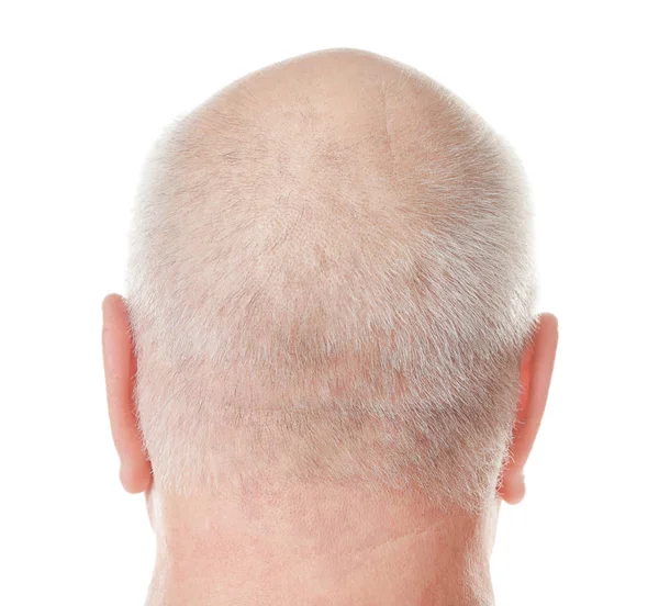 Homem sênior careca no fundo branco — Fotografia de Stock