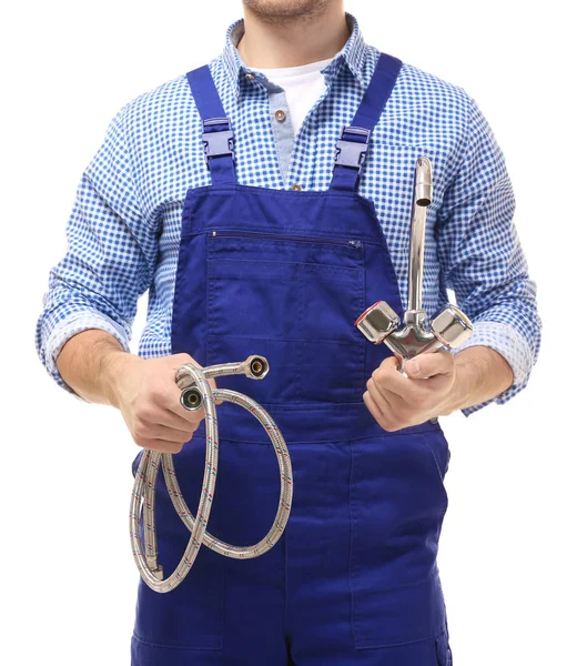 Plumber with flexible hose and tap — Stock Photo, Image