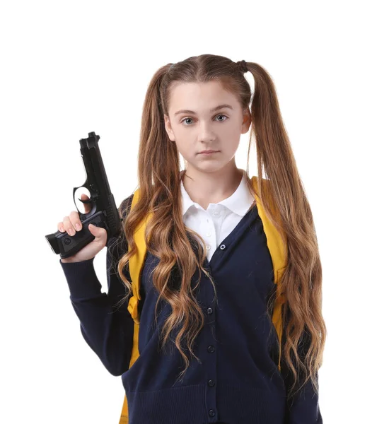 Ragazza Adolescente Possesso Pistola Sfondo Bianco — Foto Stock